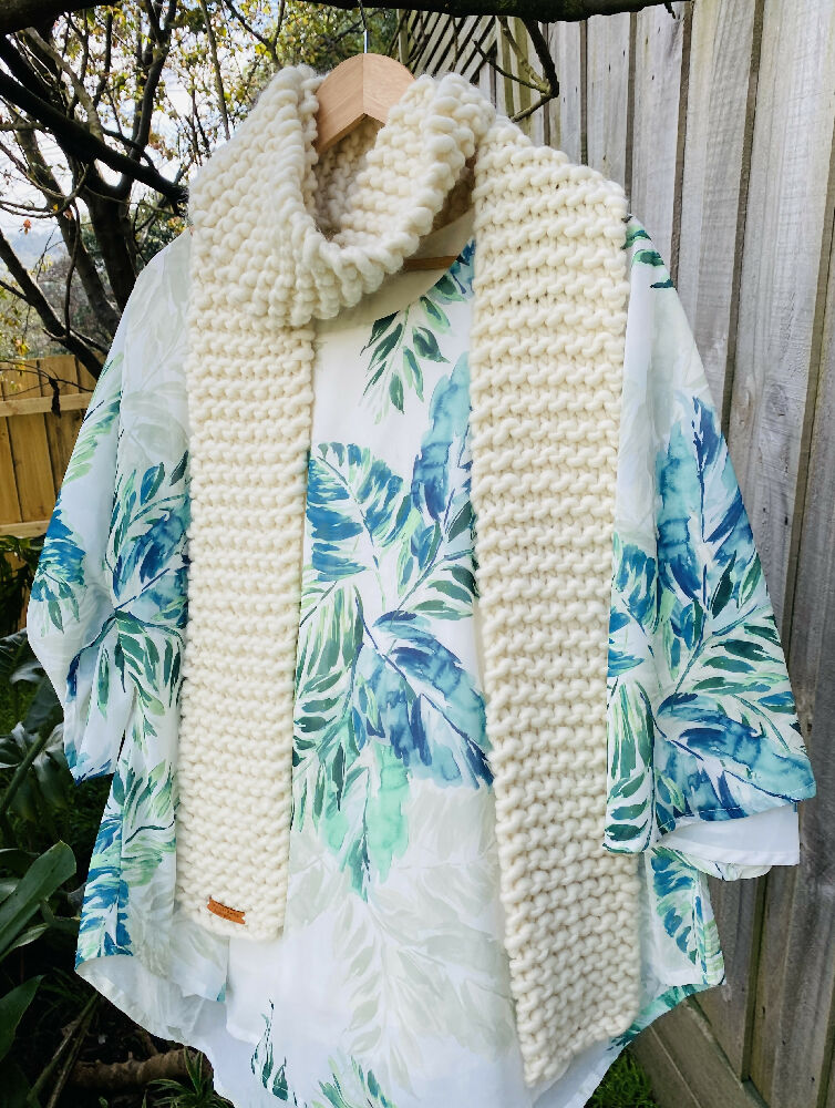 Ladies Cream Scarf, Hand knitted straight long scarf