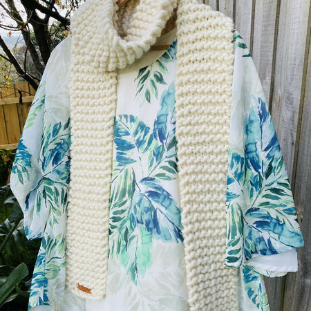 Ladies Cream Scarf, Hand knitted straight long scarf