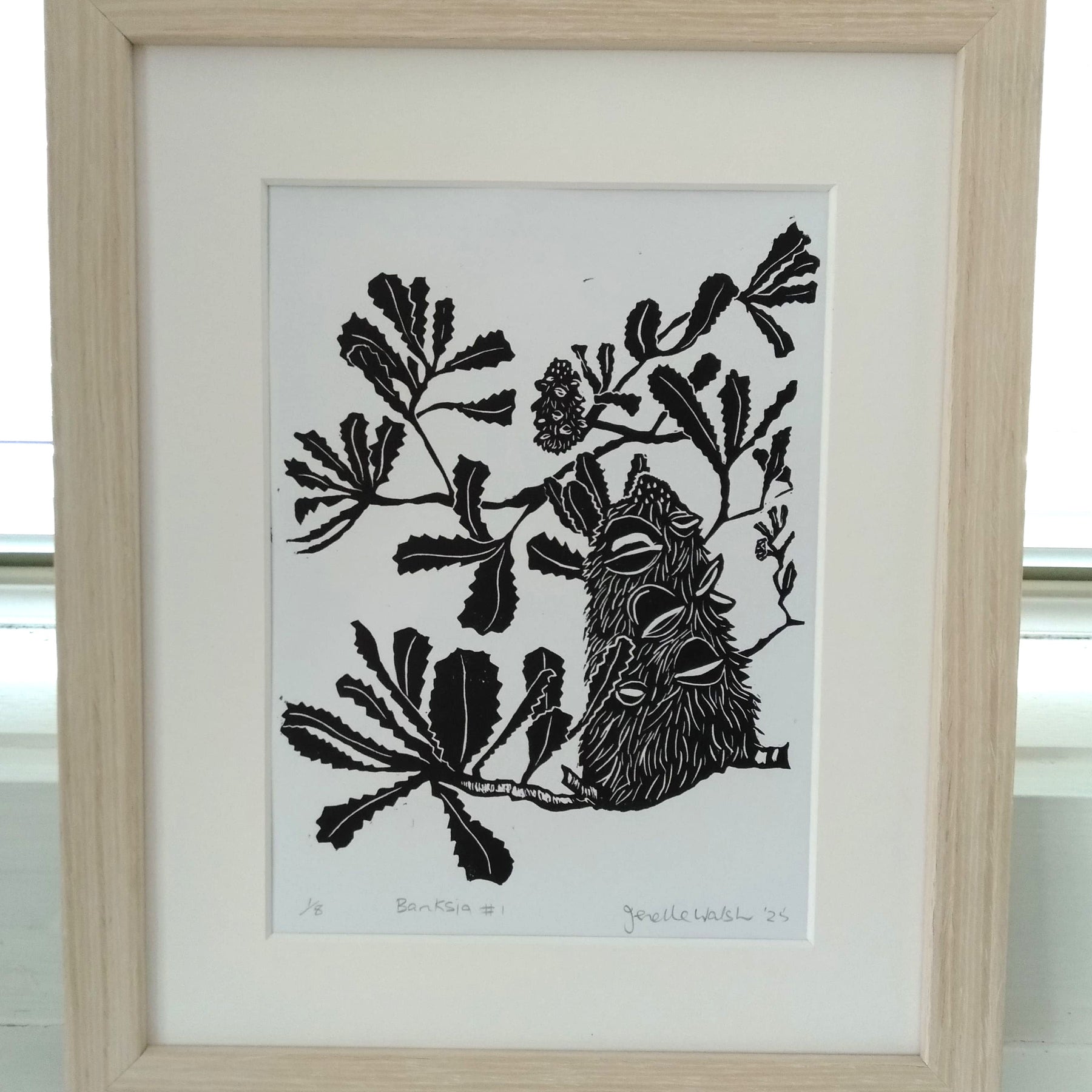 Art original linocut print Banksia