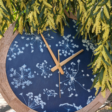 Australian Flora Wall Clock - Tasmanian Oak Frame - Fennel & Parsley Cyanotype Flowers