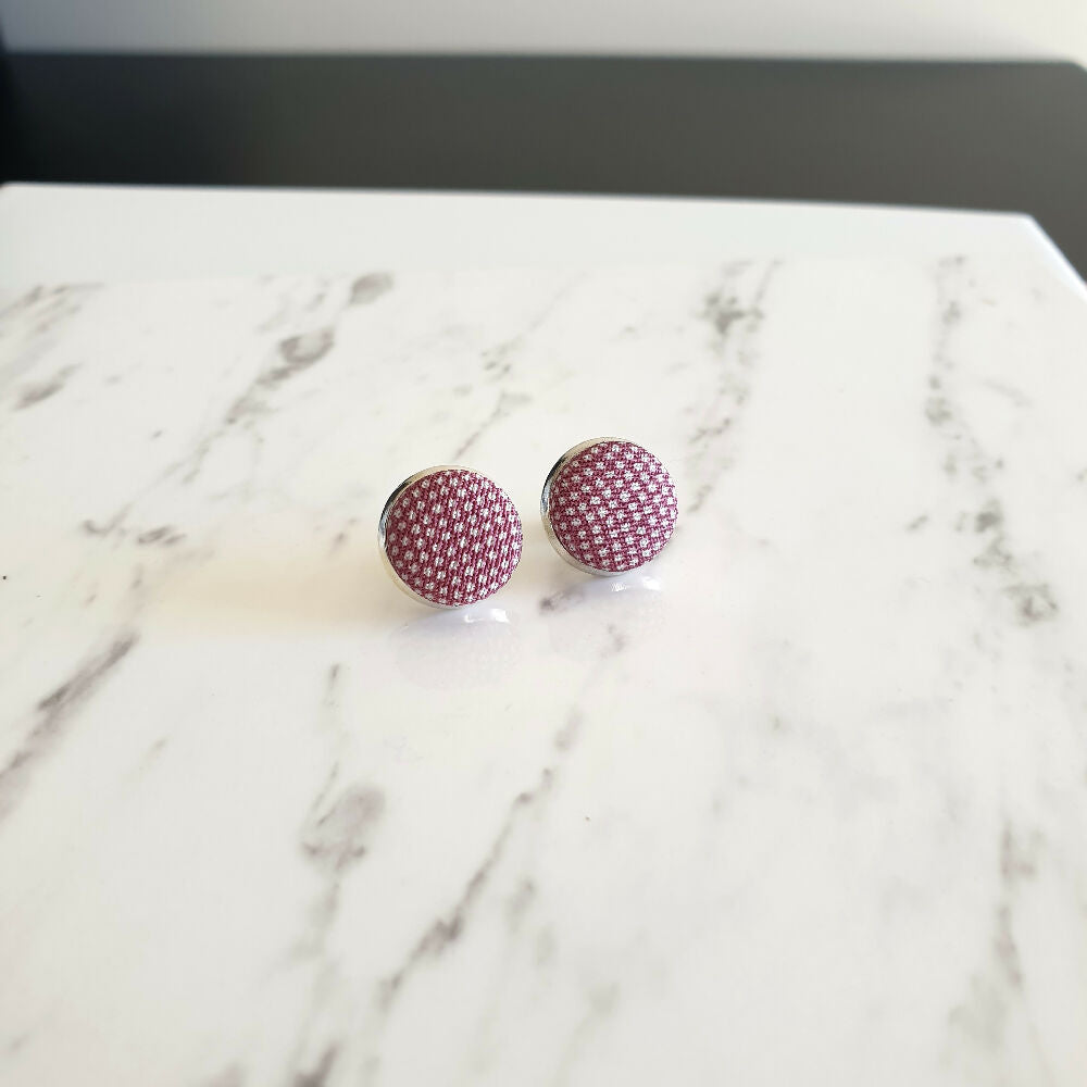 1.4cm Round White dot Purple Kimono Fabric Cabochon stud earrings