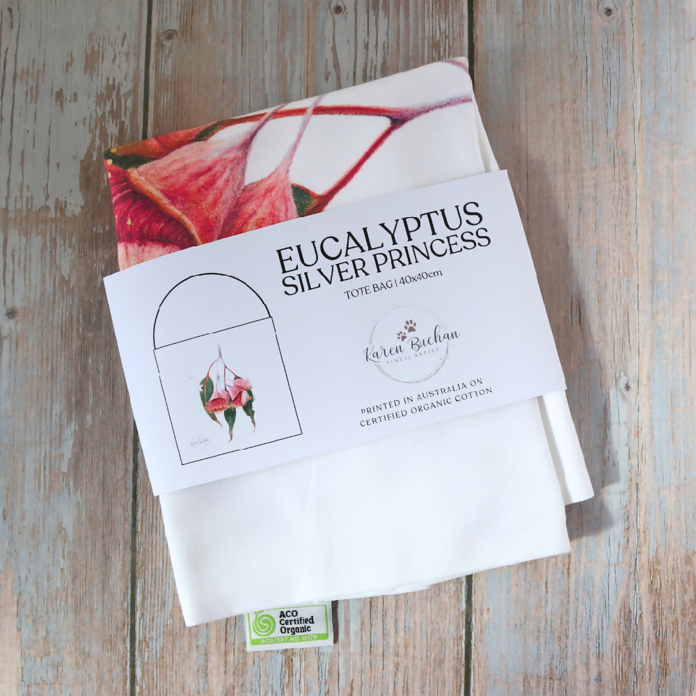 Australian-artist-illustration-tote-bag-eucalyptus-silver-princess-front-label