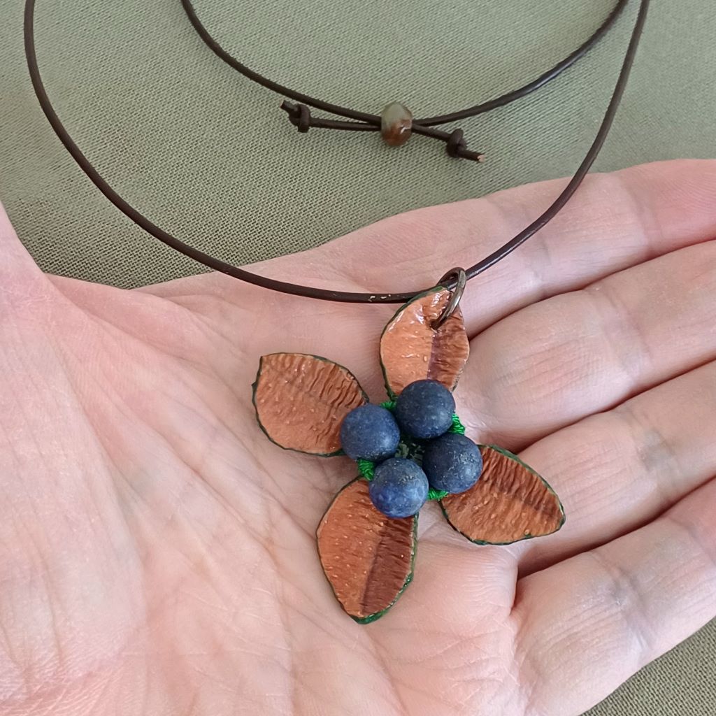 Berries Handcrafted Palm Leaf Pendant, Gemstone, Adjustable, Leather