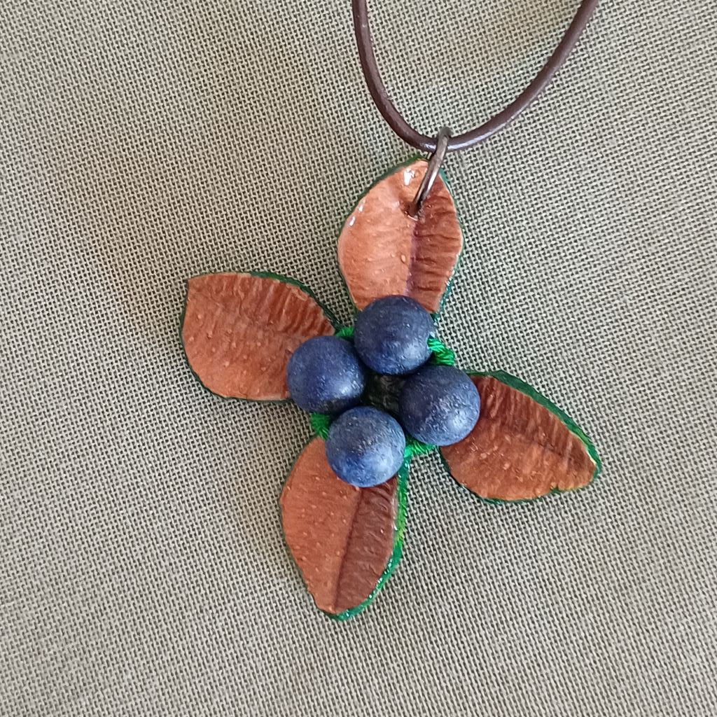 Berries Handcrafted Palm Leaf Pendant, Gemstone, Adjustable, Leather