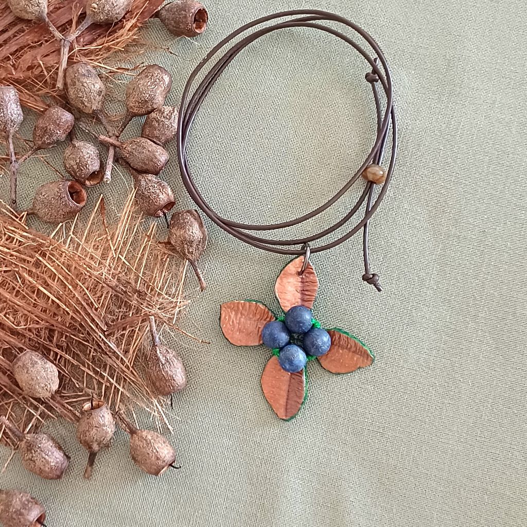 Berries Handcrafted Palm Leaf Pendant, Gemstone, Adjustable, Leather