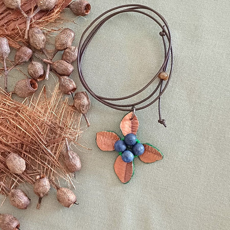 Berries Handcrafted Palm Leaf Pendant, Gemstone, Adjustable, Leather