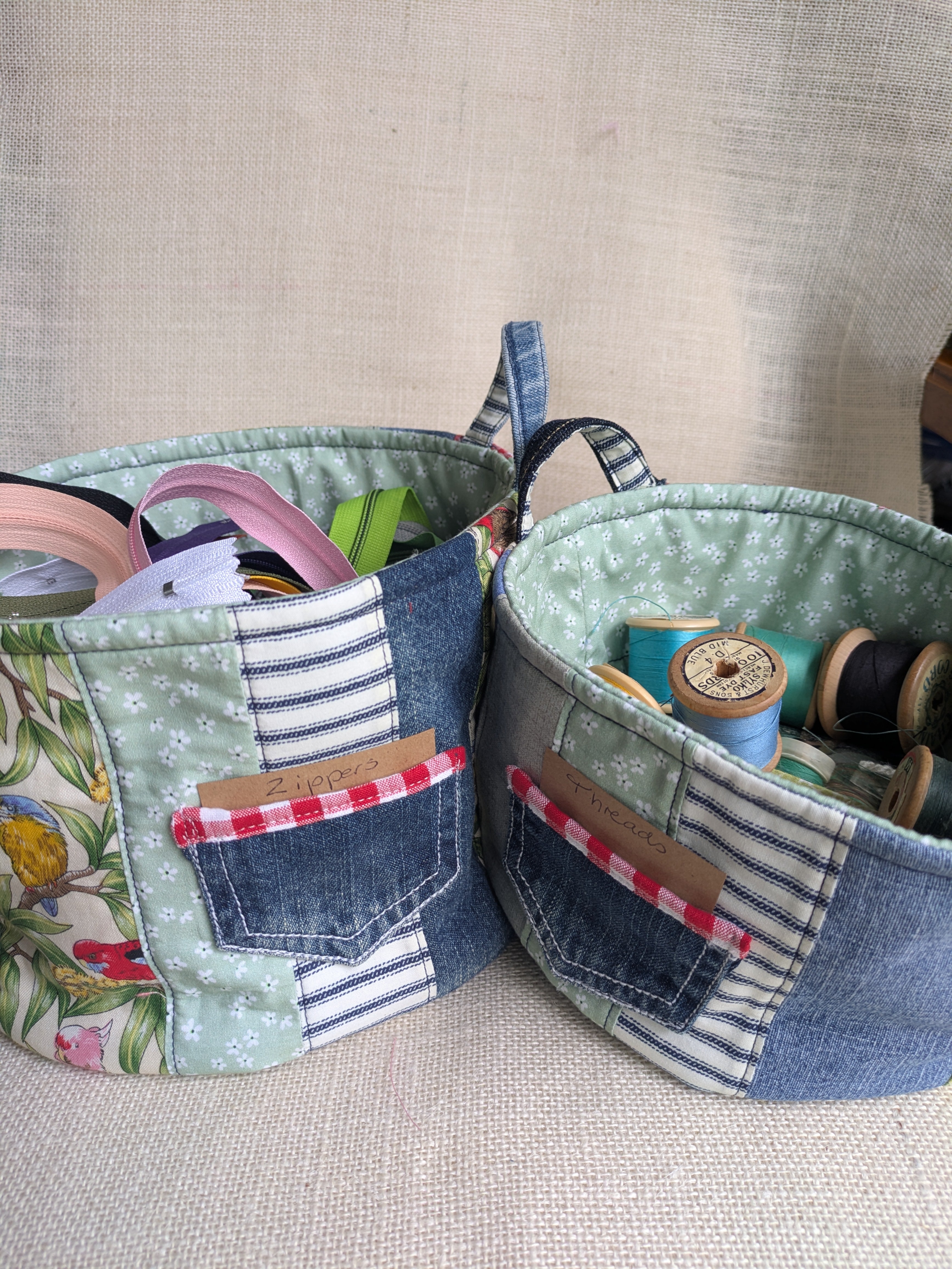 Upcycled Denim Storage Basket and Gift Bag Patchwork, Birds