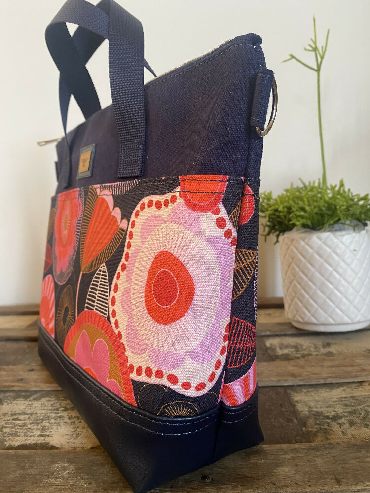 Lola Crossbody/Tote Bag - Navy & Hot Pink Floral/Navy Faux Leather