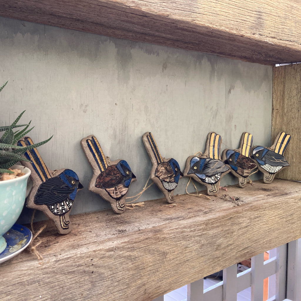 Blue Wren Hanging Ornament - Upcycled Mosaic