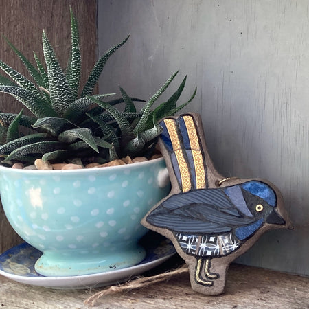 Blue Wren Hanging Ornament - Upcycled Mosaic