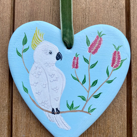 Hand-Painted Ceramic Heart Decoration - Cockatoo Blue