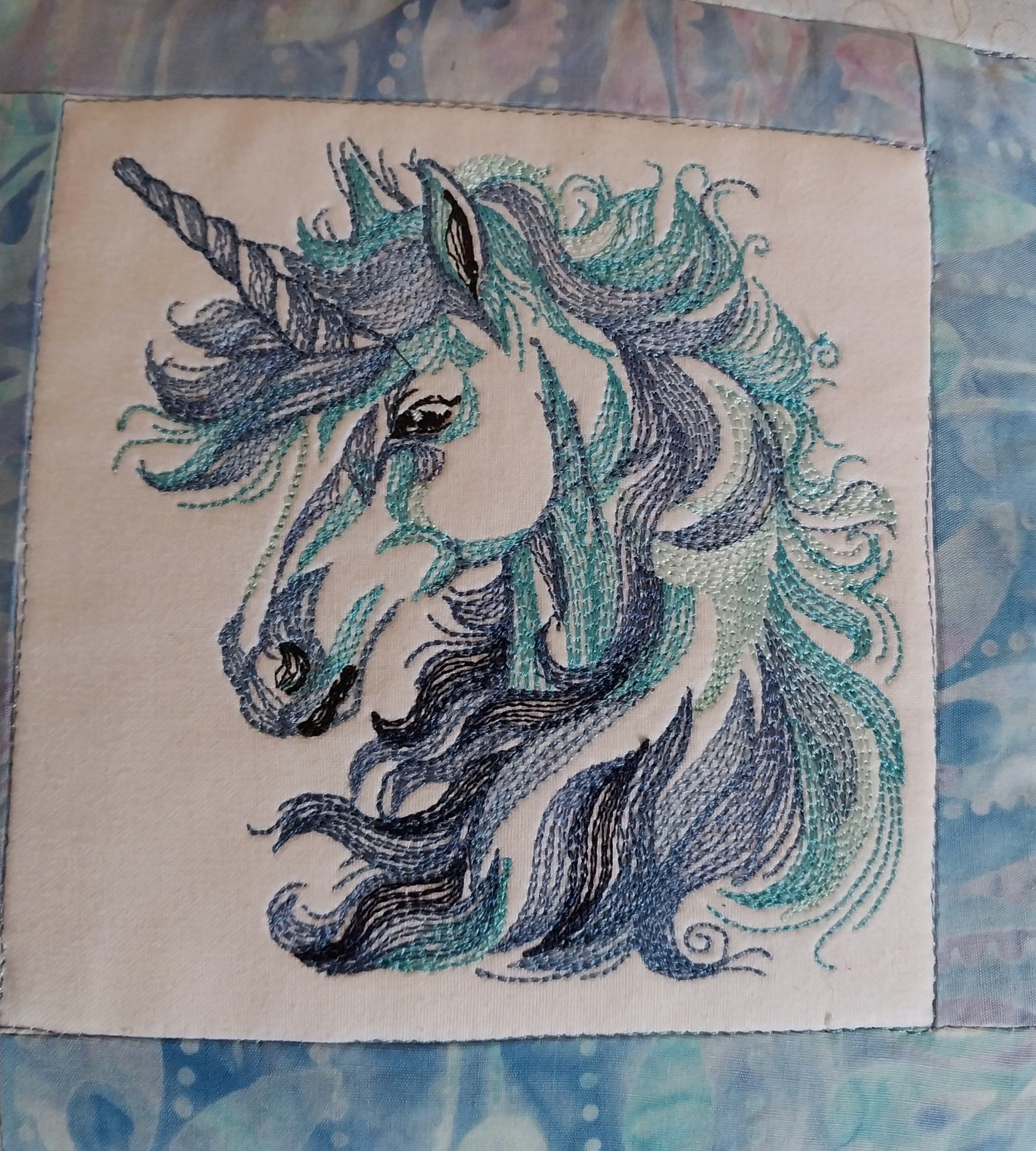 Blue Unicorn Embroidered and Patchwork Cushion Cover