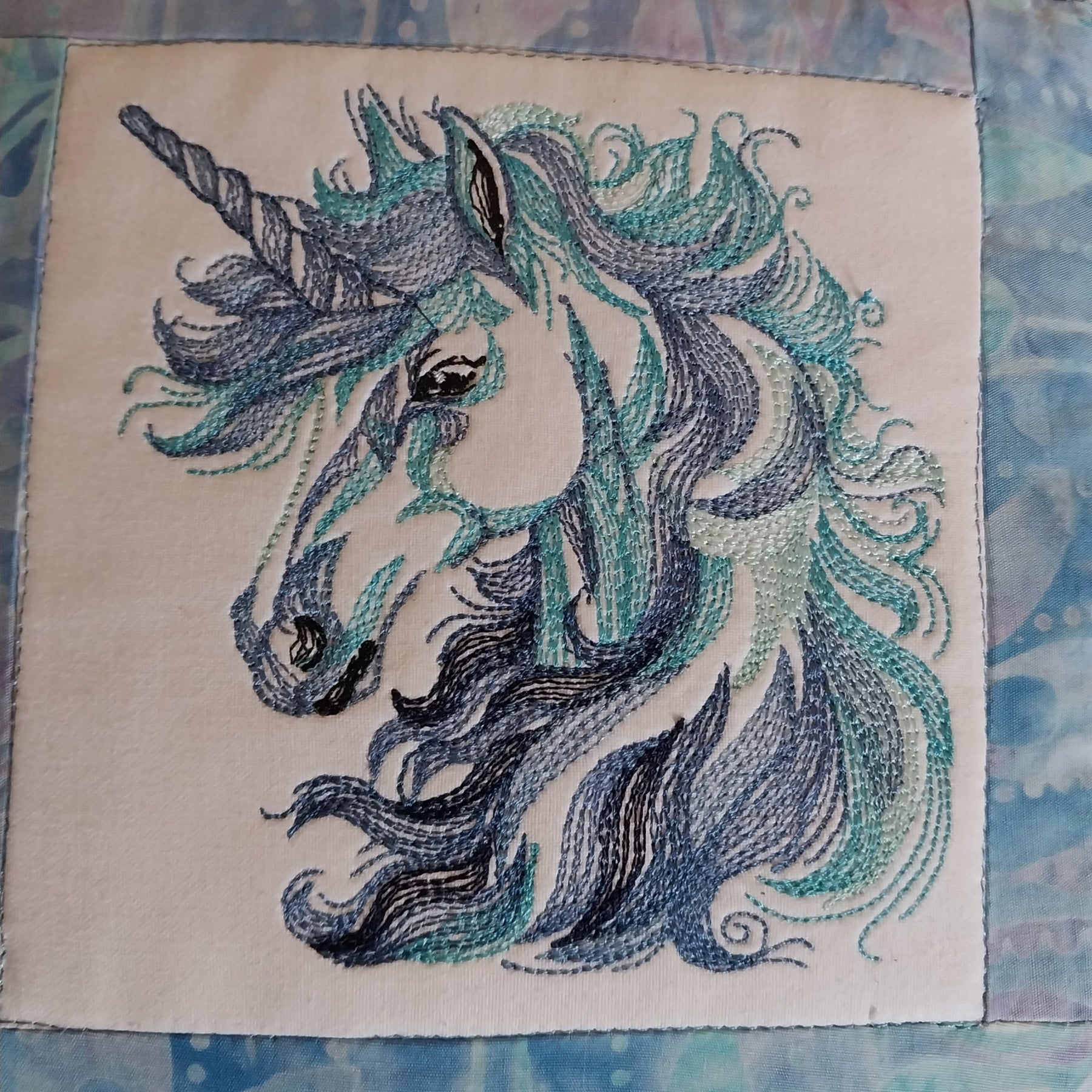 Blue Unicorn Embroidered and Patchwork Cushion Cover