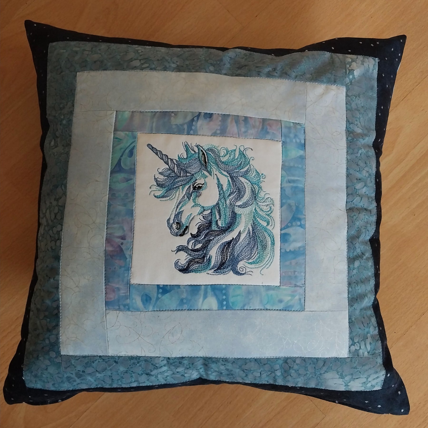 Blue Unicorn Embroidered and Patchwork Cushion Cover