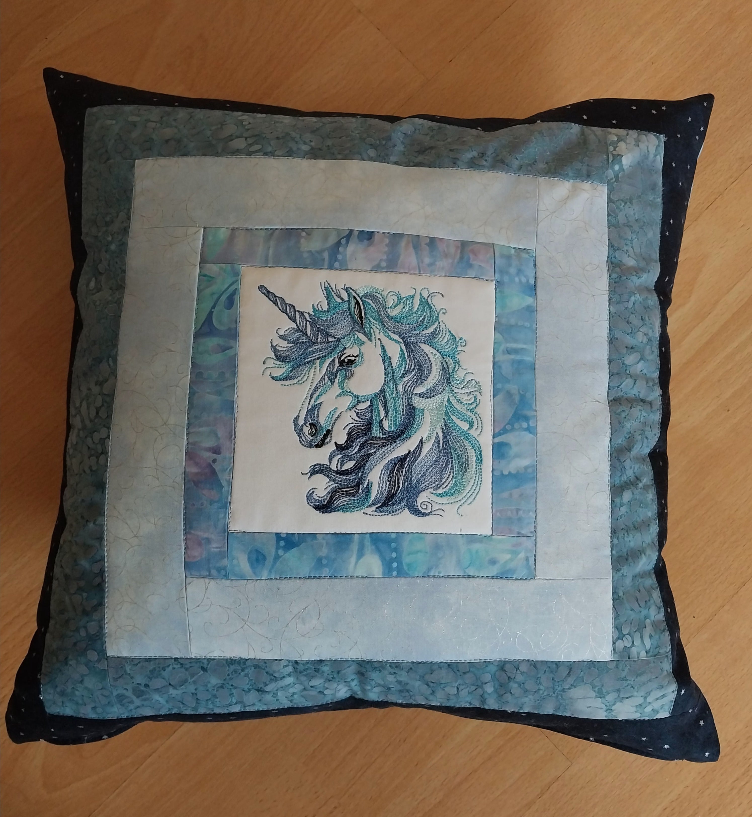 Blue Unicorn Embroidered and Patchwork Cushion Cover