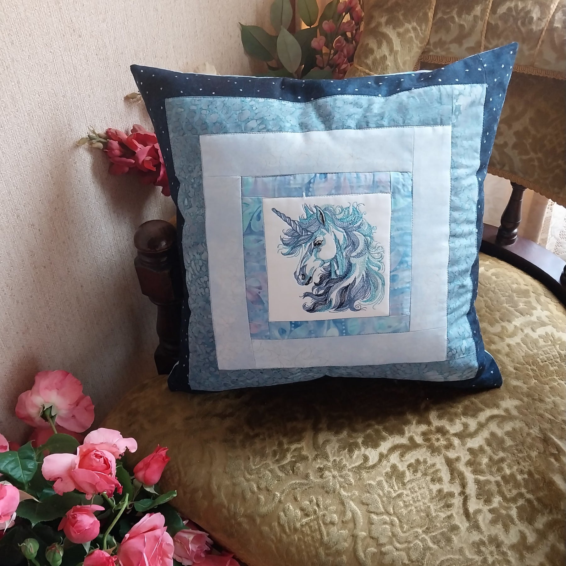 Blue Unicorn Embroidered and Patchwork Cushion Cover