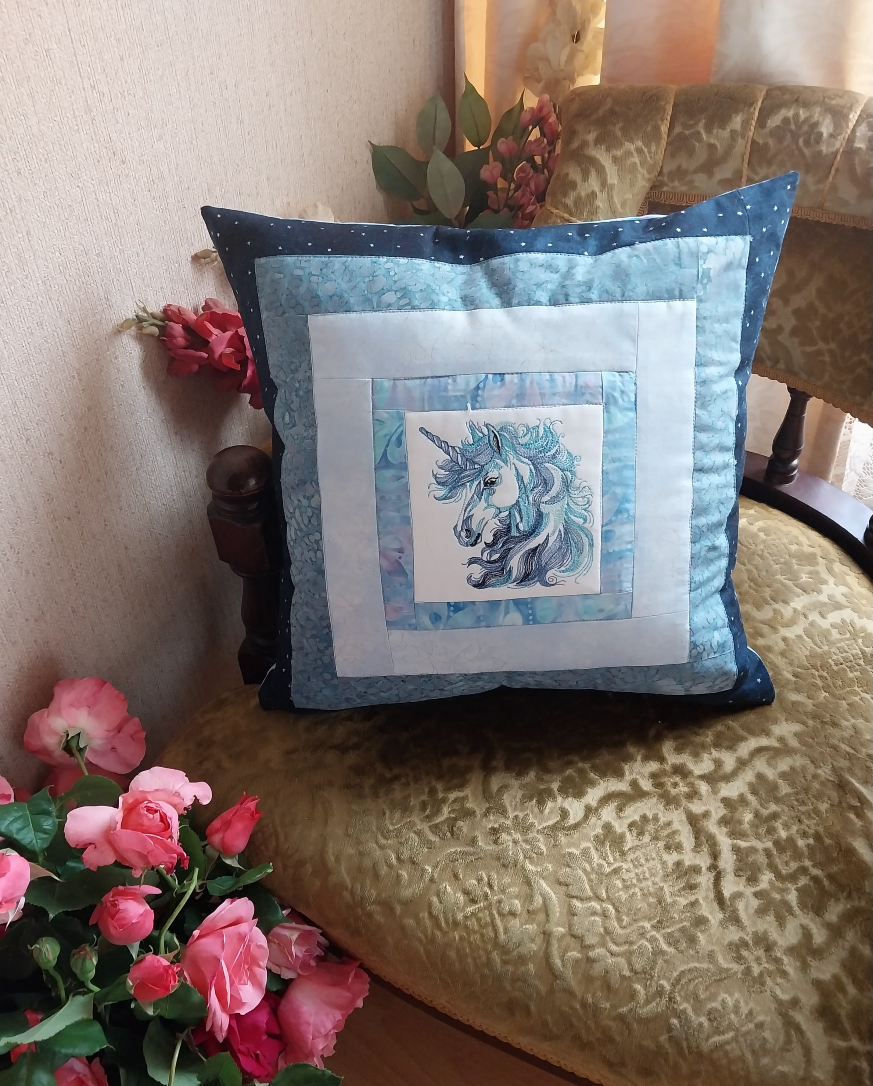 Blue Unicorn Embroidered and Patchwork Cushion Cover