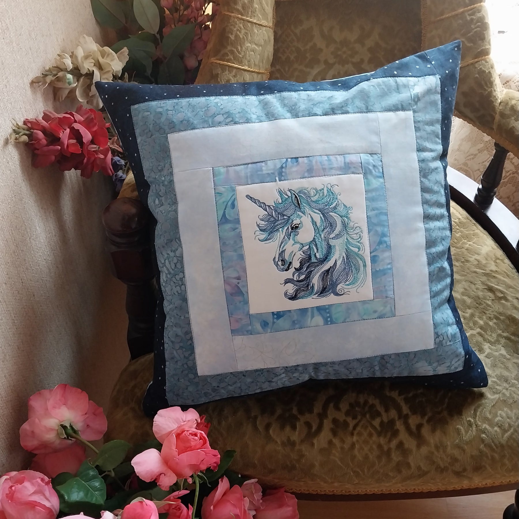 Blue Unicorn Embroidered and Patchwork Cushion Cover