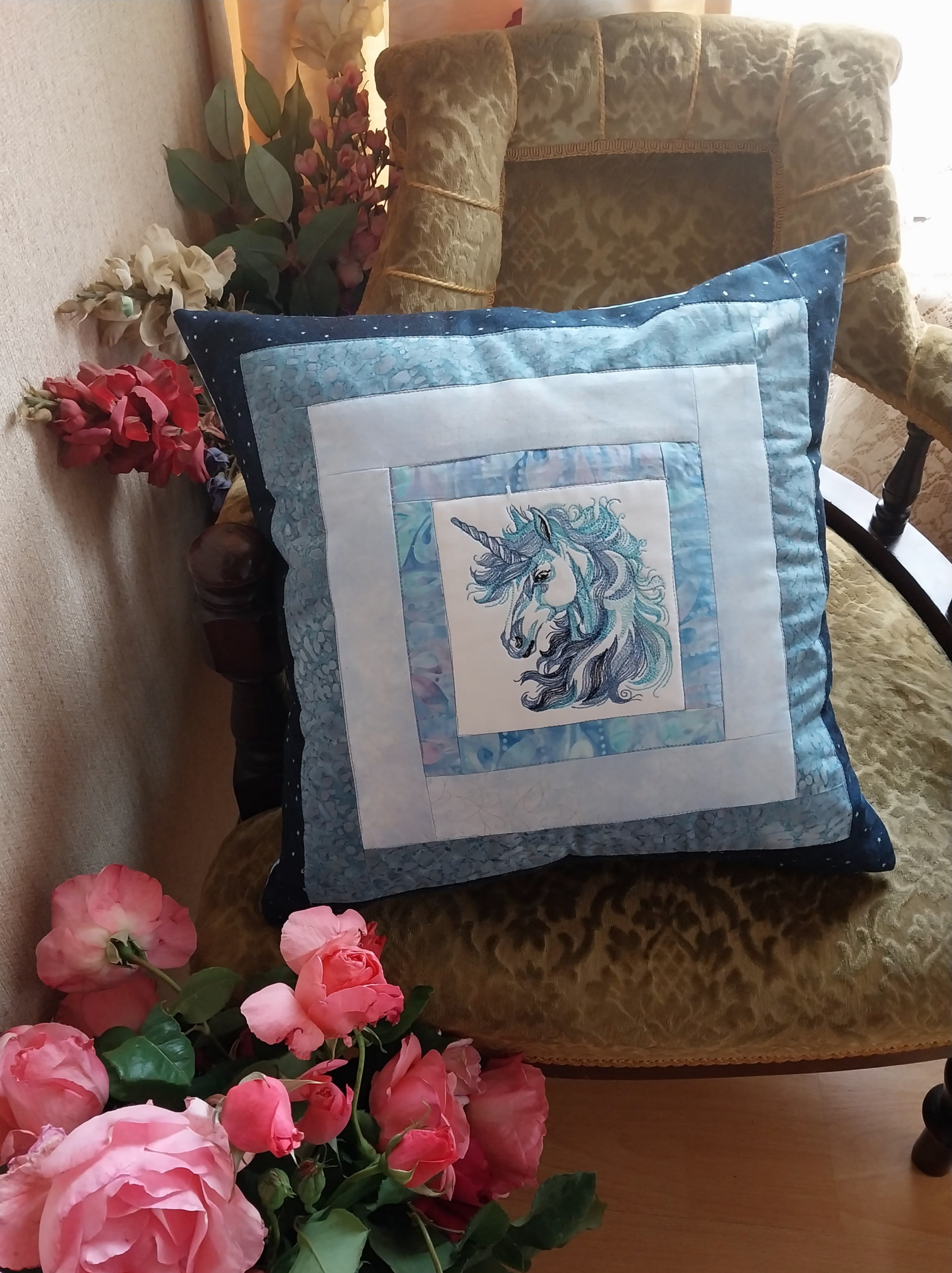 Blue Unicorn Embroidered and Patchwork Cushion Cover