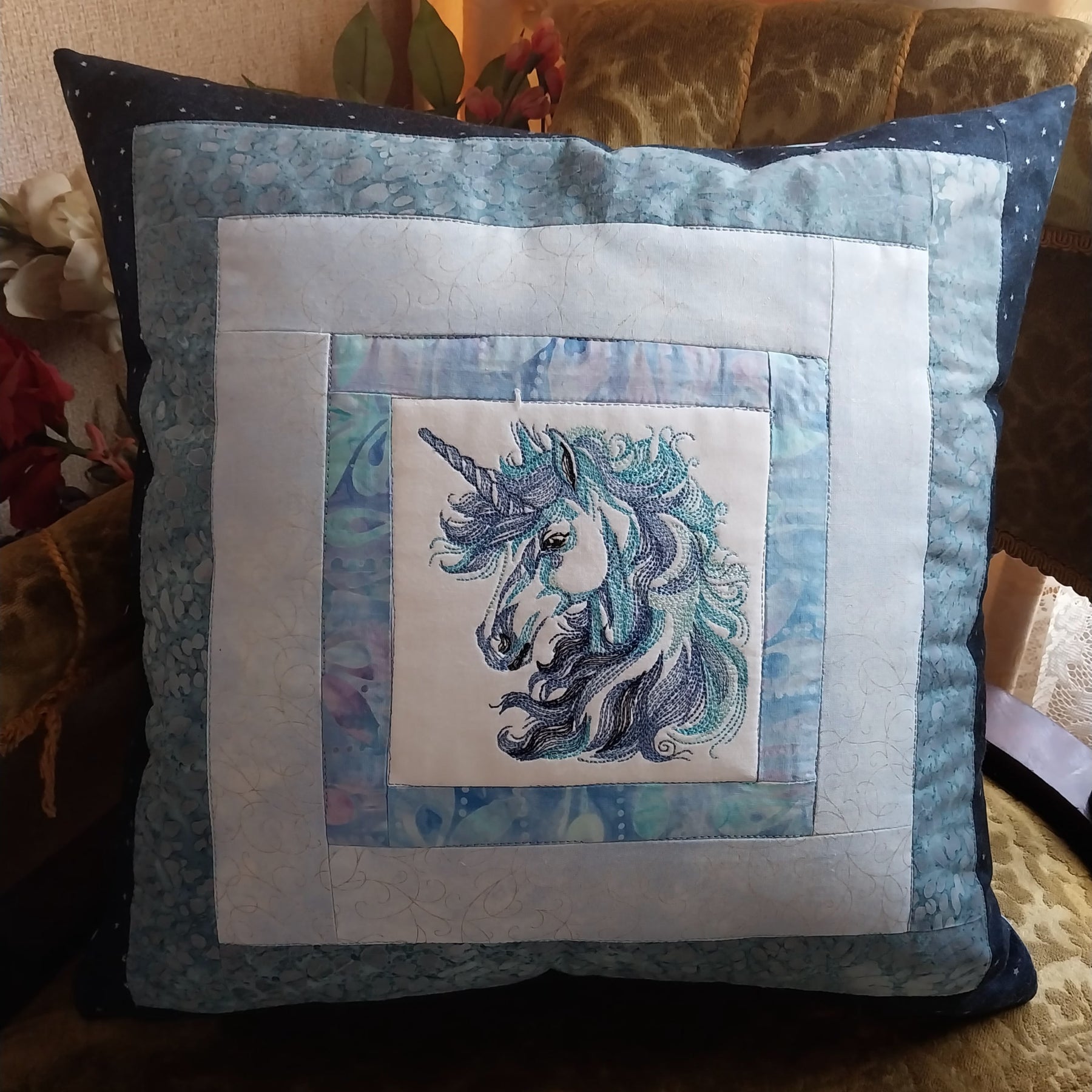 Blue Unicorn Embroidered and Patchwork Cushion Cover