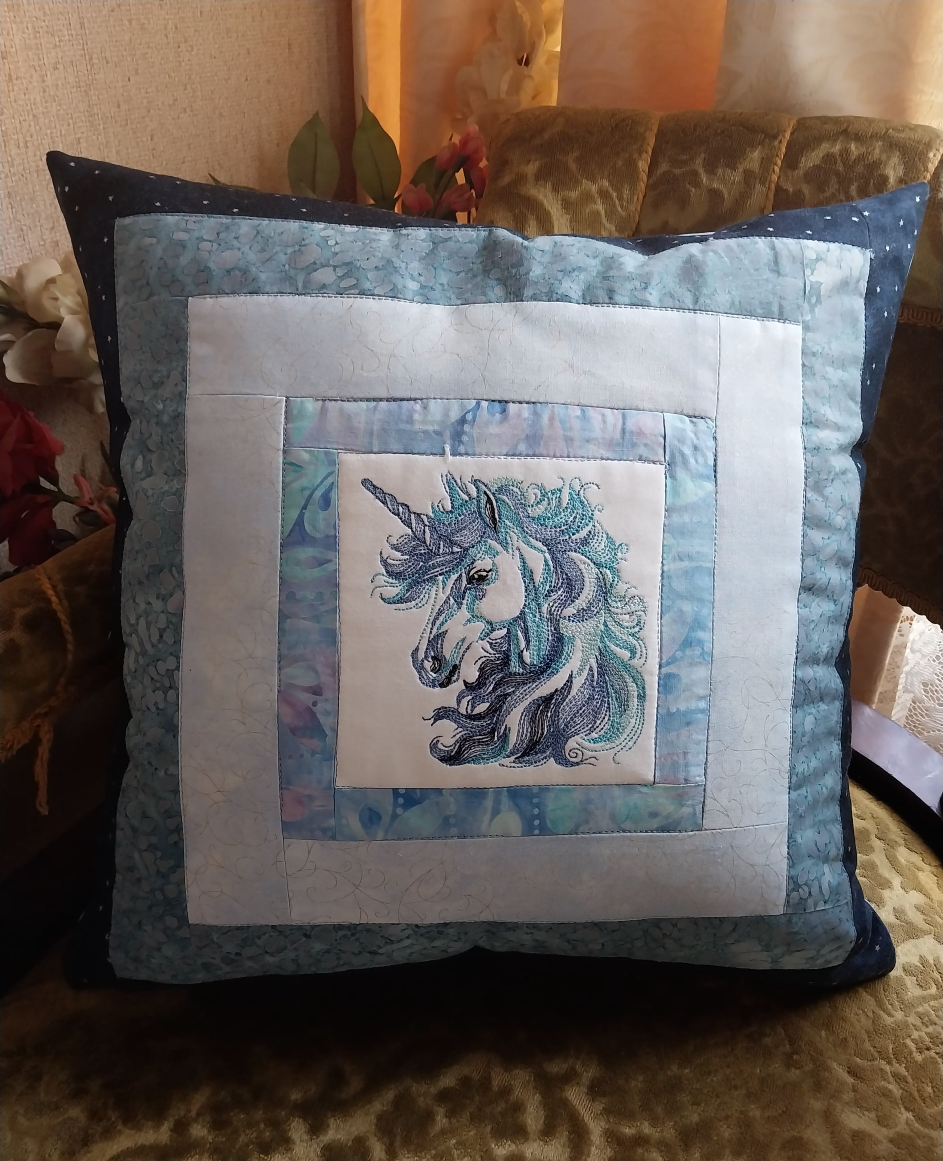 Blue Unicorn Embroidered and Patchwork Cushion Cover