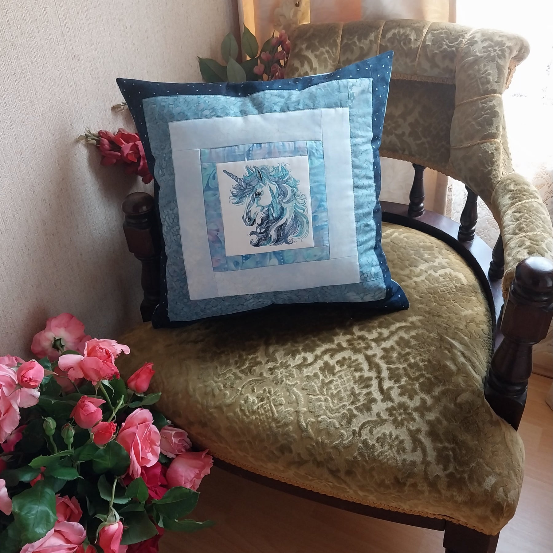 Blue Unicorn Embroidered and Patchwork Cushion Cover