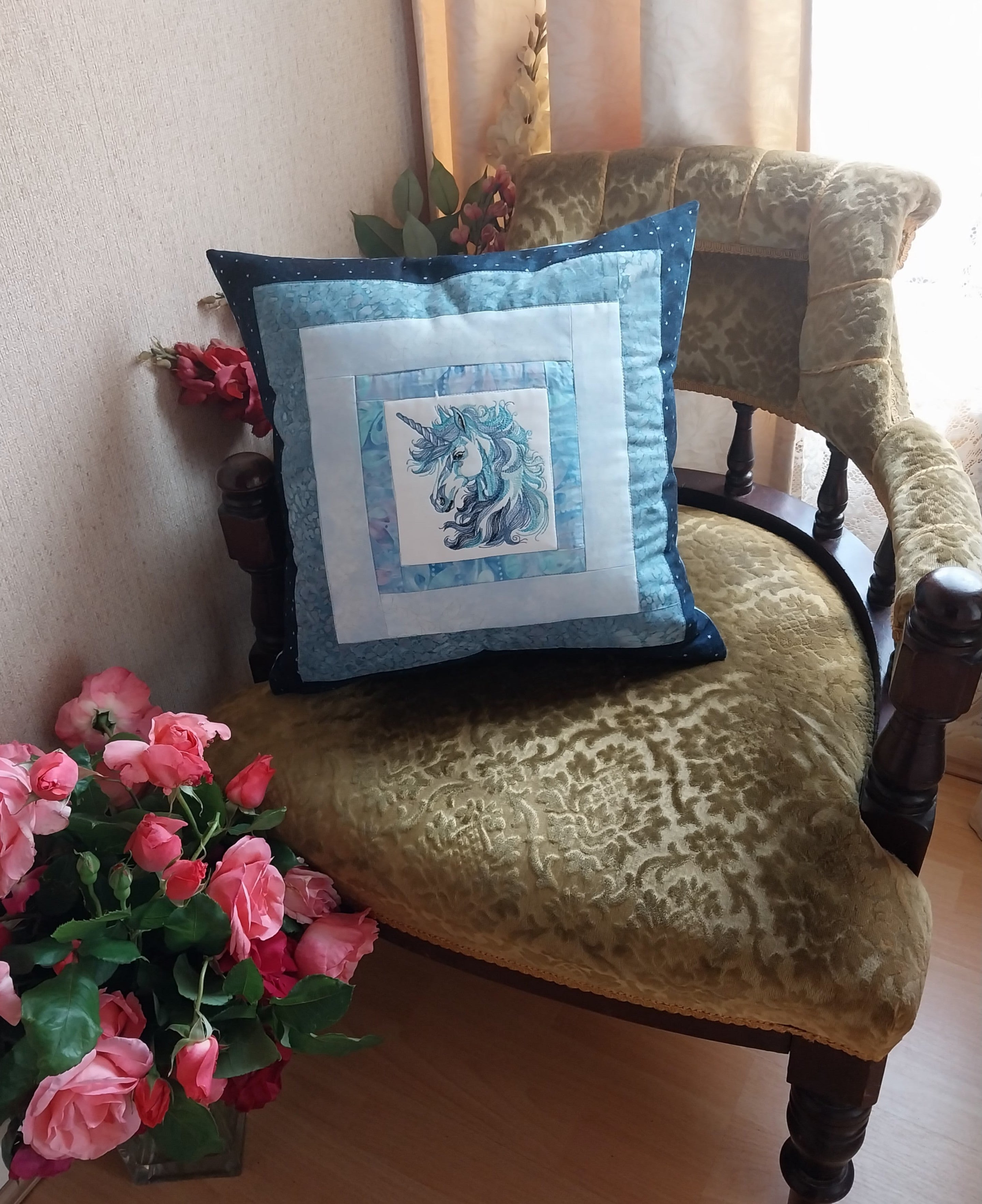 Blue Unicorn Embroidered and Patchwork Cushion Cover