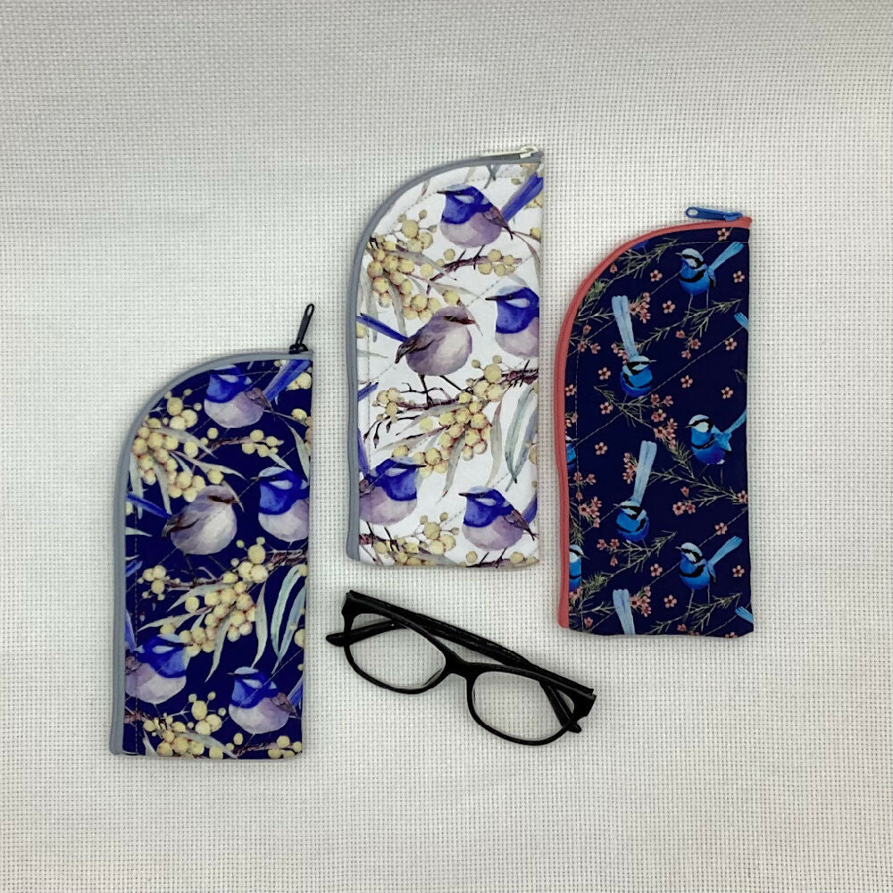 Blue wren curved top zip pouch for glasses, phones, handbag organiser etc.