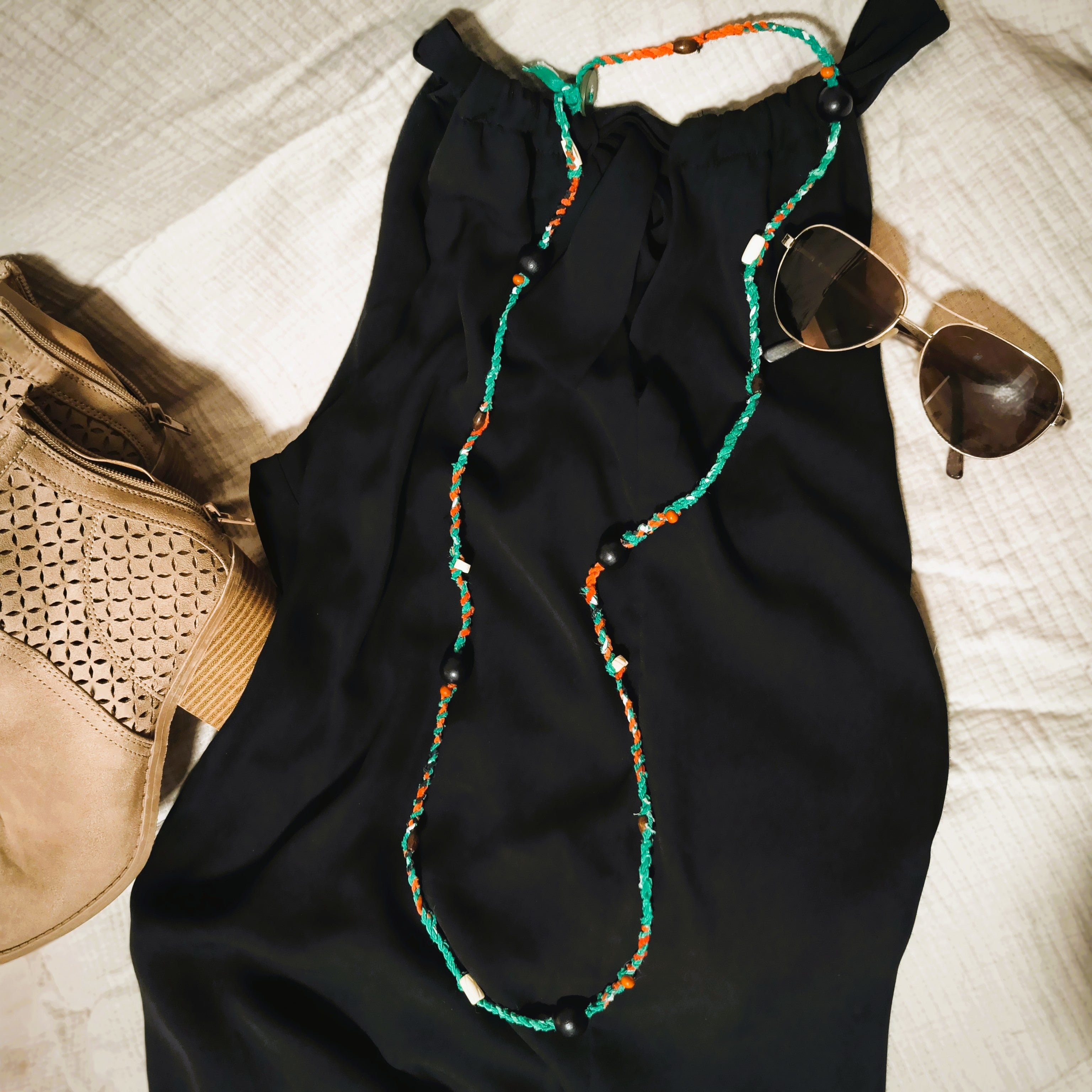 Boho Wrap Necklace - upcycled fabric & beads - green/orange/black