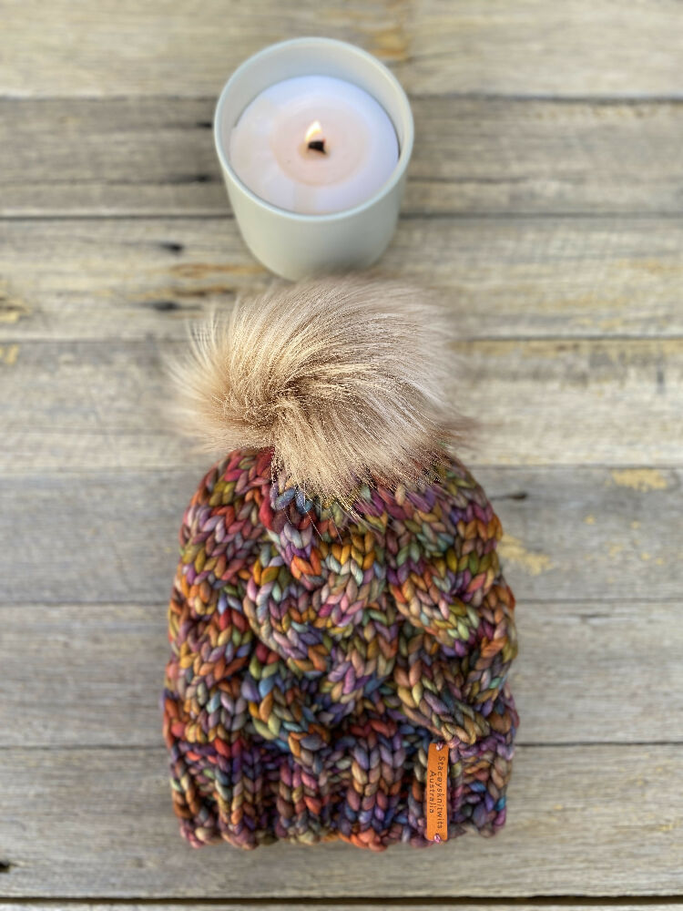 Ladies Beanie, Knitted Rainbow PomPom Beanie