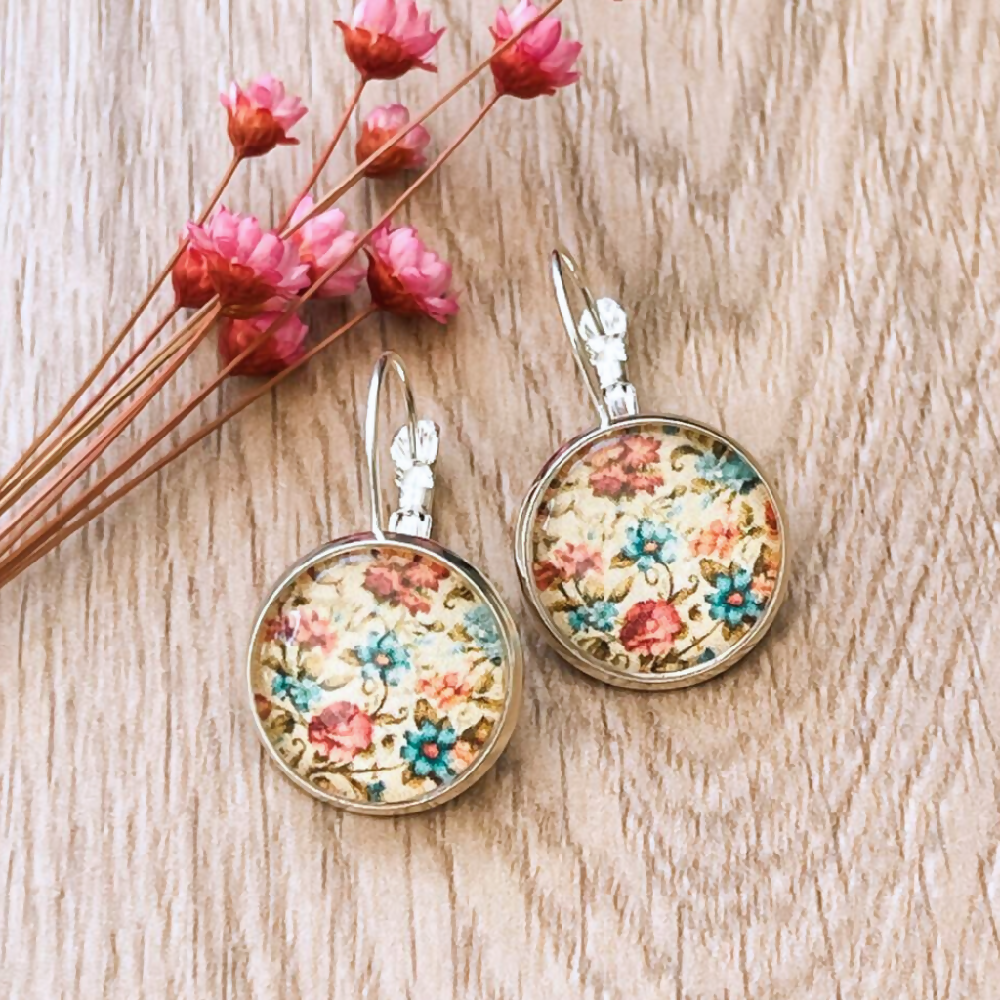 Little Blue Flower Earrings with Pink and Cream Flowers