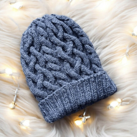 Blue Cable hand knit Beanie with Denim Effect.