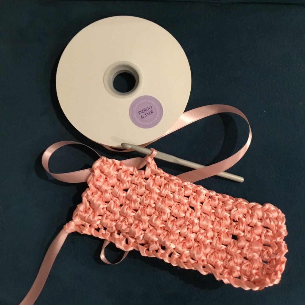 Crocheted Ribbon Handbag with Flap Closure