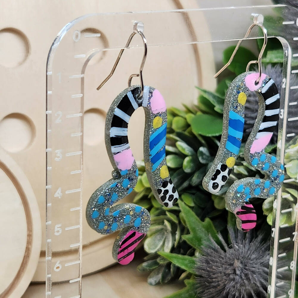 Dangle Earrings Squiggles Hand Painted Handcast Resin - Hook