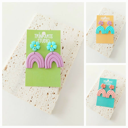 Boho Flower & Rainbow Polymer Clay Earrings