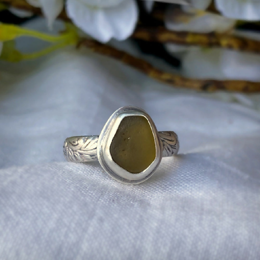 Sterling Silver Seaglass Ring - Yellow Floral Band