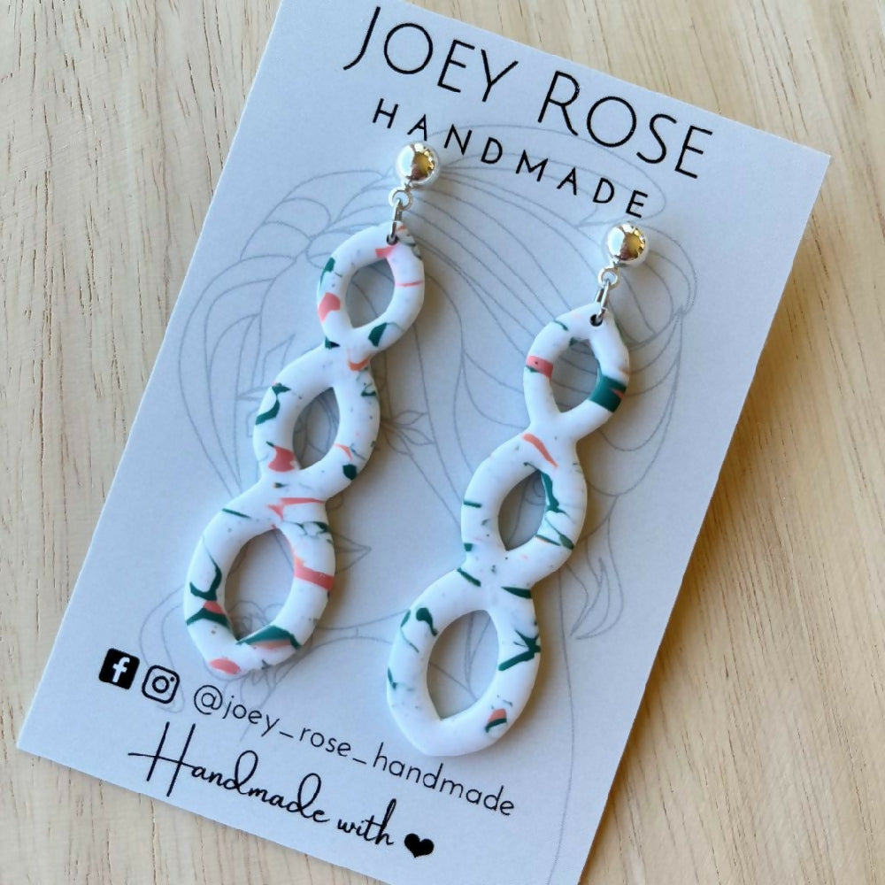 HANNAH ~ Green & Peach Marbled Print ~ Polymer Clay Earrings