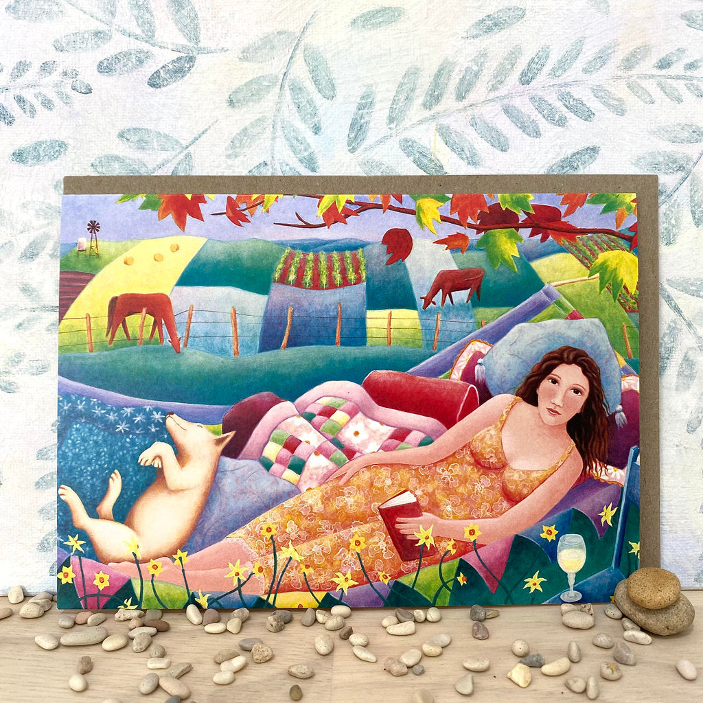 Eco-Card with Quilts, Flowers a Dog and Wine (lg-lala)