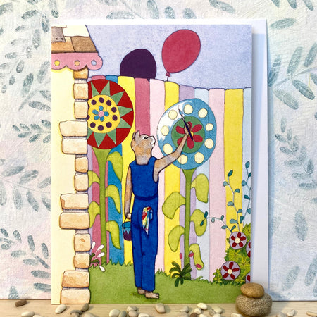 Handyman Cat Painting Bright Flowers Eco-card (lg-spio)