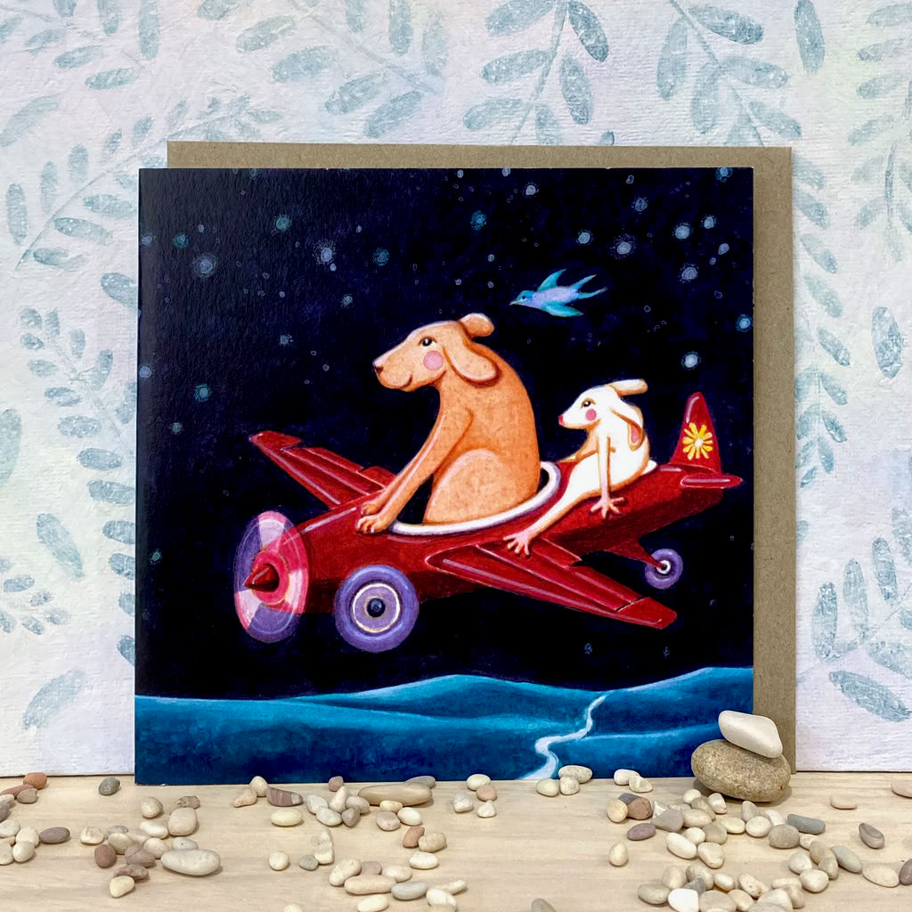 Dog and White Bunny Birthday Greeting Card (sq-flfr)