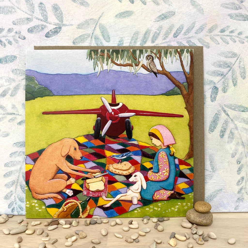 Happy Dog and Bunny Share a Picnic Eco-Card (sq-pwfr)