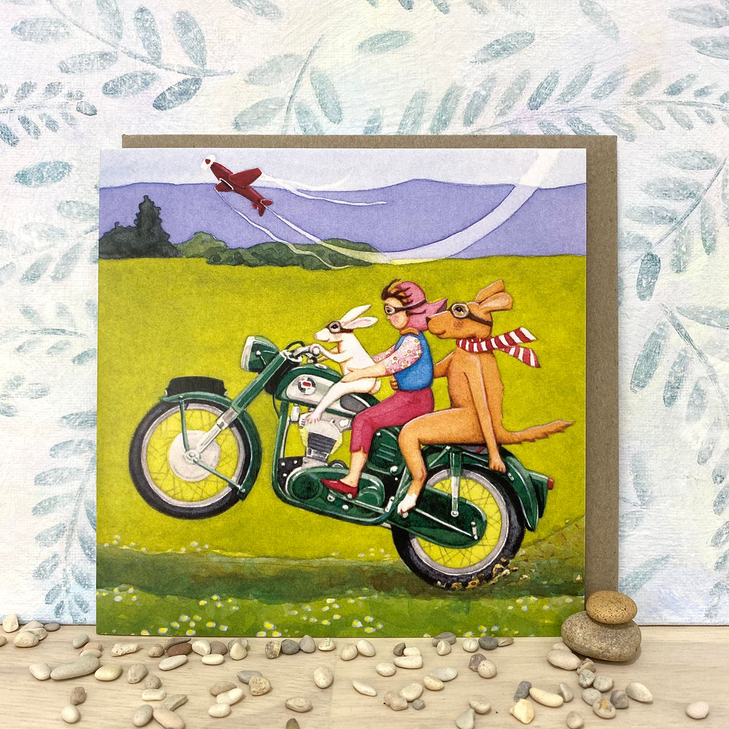 Whimsical Greeting Card - Rabbit Riding a Motorcycle (sq-sbld)
