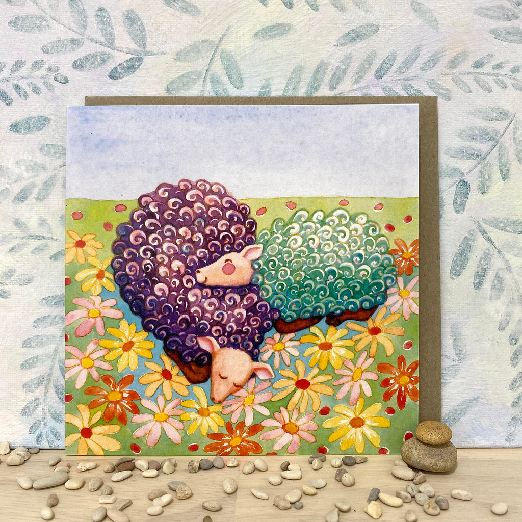 Peaceful Sheep Sleeping in Daisies Eco-Card (sq-tsas)