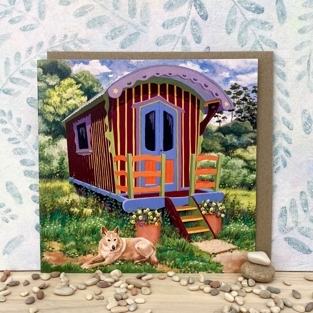 Colourful Gypsy Wagon and Faithful Dog Art Card (sq-warm)