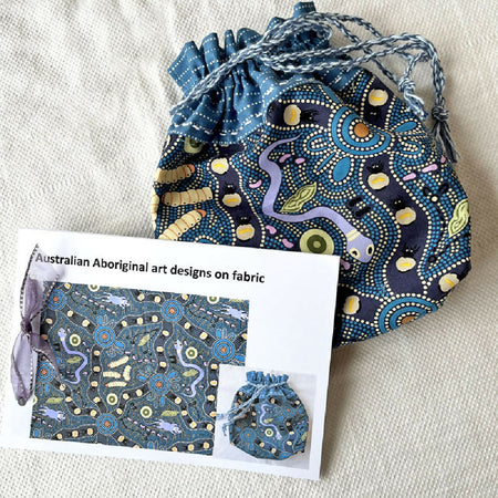 Aboriginal art fabric Kinchaku (drawstring) bags. Excellent International friend gift.