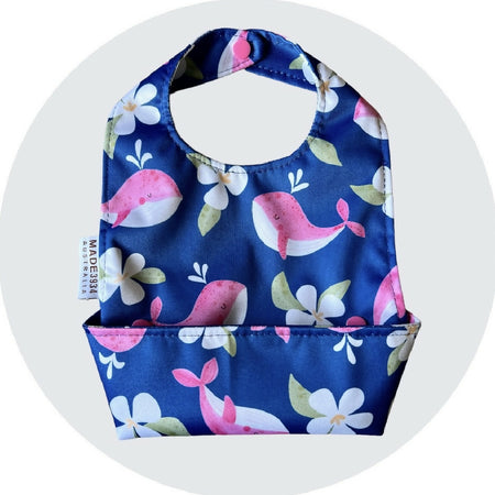 Catch all Baby Bib - Pink Whale on Blue Background