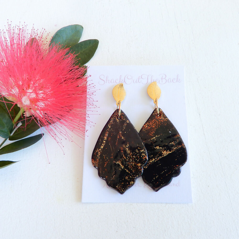 Black Glitter Polymer Clay Earrings "Golden Fire"