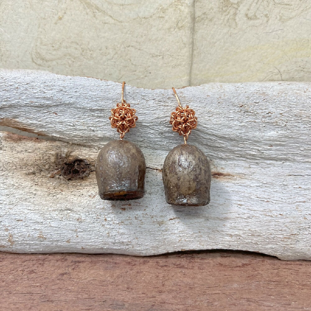 Copper ball + gumnuts earrings large