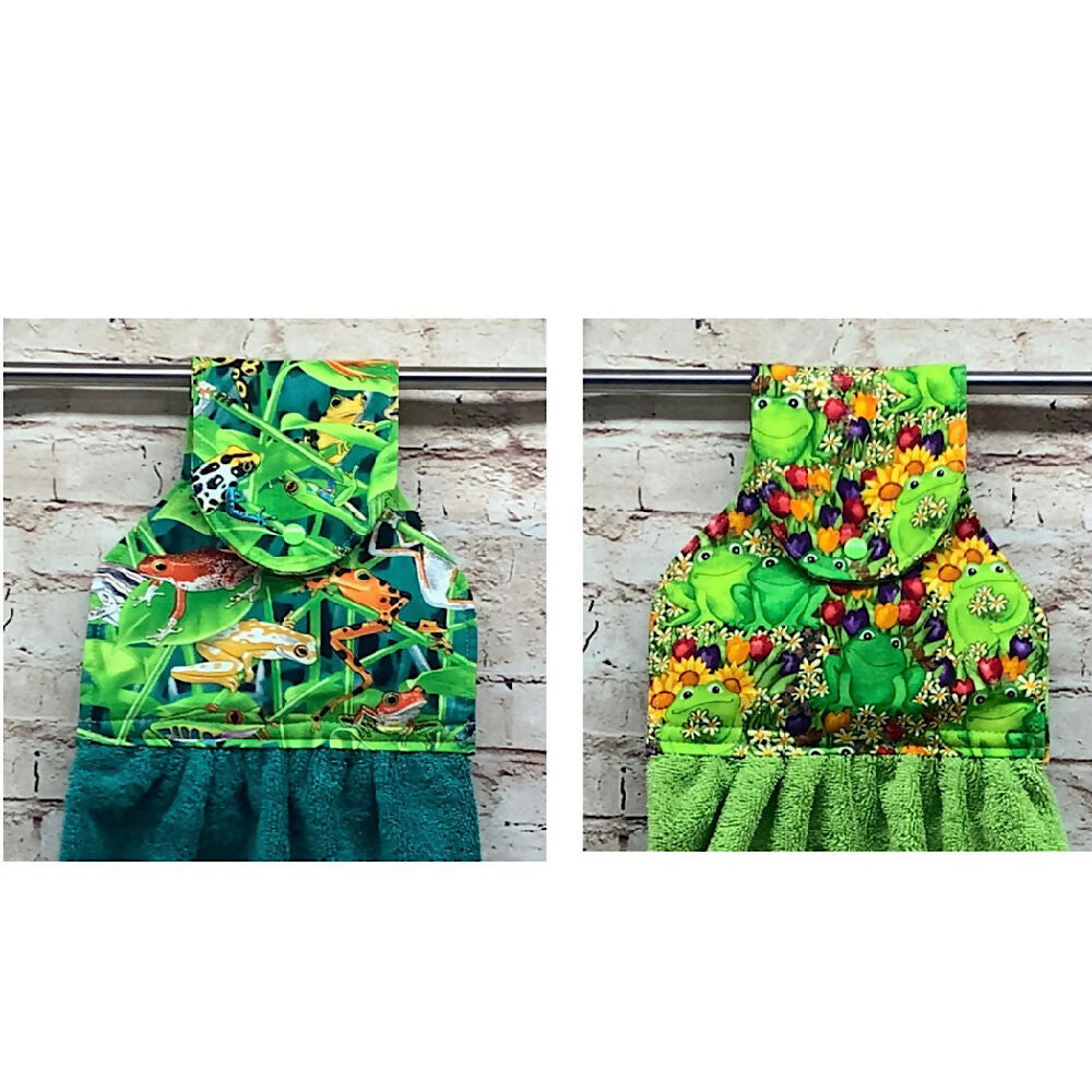 Frogs hanging hand towel with fabric and loop top. - 2 Designs