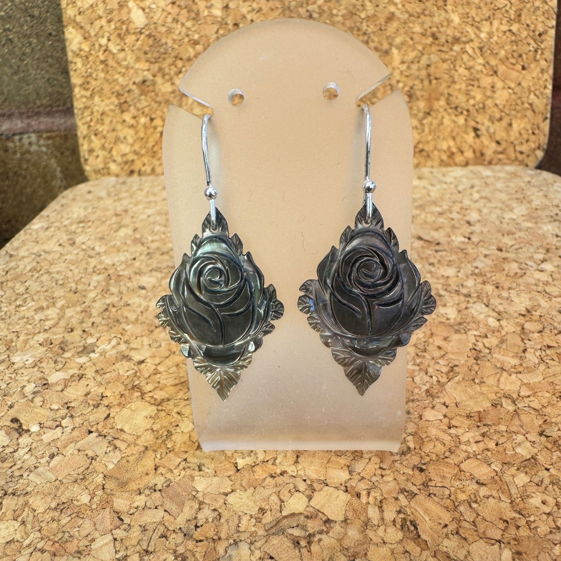 Carved black mother or pearl sterling silver earrings